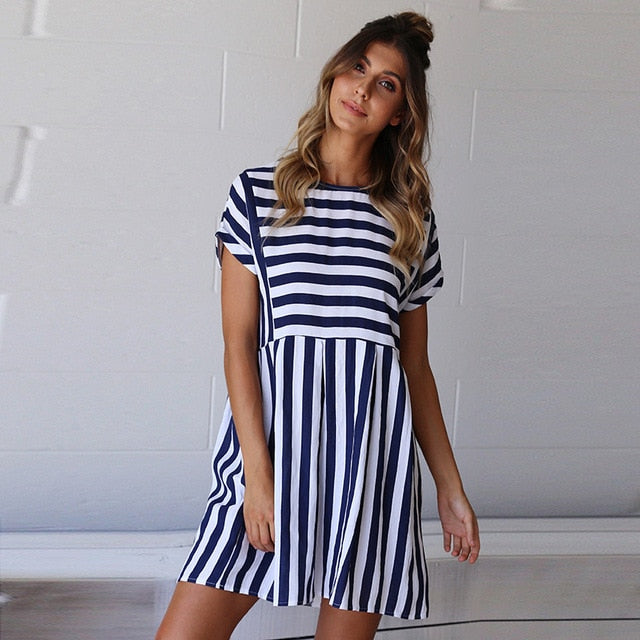 2019 Summer Fashion Women Boho Beach Dress Casual Short Sleeve O-Neck Loose Dresses Elegant Pink Blue Striped Female Vestidos