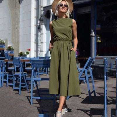 2019 Summer New Fashion Women's Long Dress Casual O-neck Sleeveless Ruffled Loose Dresses Elegant Beach Marx Dress Vestidos