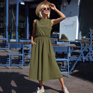 2019 Summer New Fashion Women's Long Dress Casual O-neck Sleeveless Ruffled Loose Dresses Elegant Beach Marx Dress Vestidos