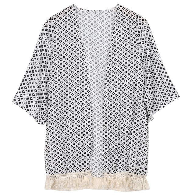 Hot Sale Summer Style Blusas 2018 Women Tassel Kimono Vintage Plaid Printed Cardigan Casual Loose Batwing Sleeve Tops Blouses