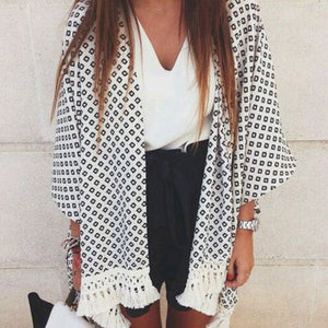 Hot Sale Summer Style Blusas 2018 Women Tassel Kimono Vintage Plaid Printed Cardigan Casual Loose Batwing Sleeve Tops Blouses