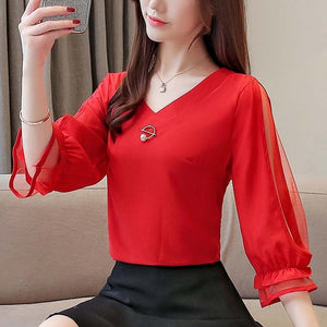 Womens tops and blouses 2019 chiffon blouse ladies tops Beading Solid V-Neck korean fashion clothing red and green shirt 3185 50