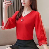 Womens tops and blouses 2019 chiffon blouse ladies tops Beading Solid V-Neck korean fashion clothing red and green shirt 3185 50